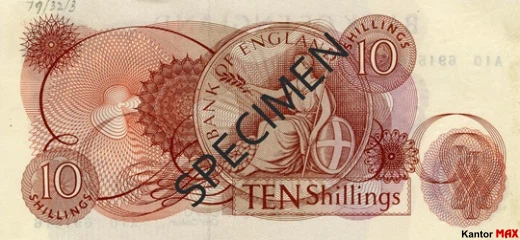 Tył wycofanego banknotu 10 szylingów brytyjskich z 1961 roku - seria C