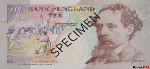 Tył wycofanego banknotu 10 funtów brytyjskich z 1992 roku - seria E