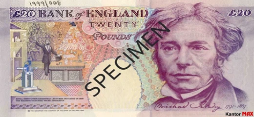 Tył wycofanego banknotu 20 funtów brytyjskich z 1993 roku - seria E ulepszona