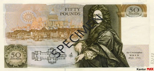 Tył wycofanego banknotu 50 funtów brytyjskich z 1981 roku - seria D