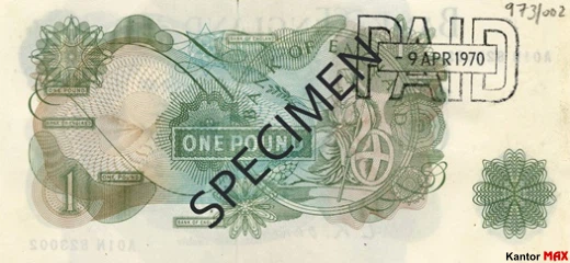 Tył wycofanego banknotu 1 funt angielski z 1960 roku - seria C