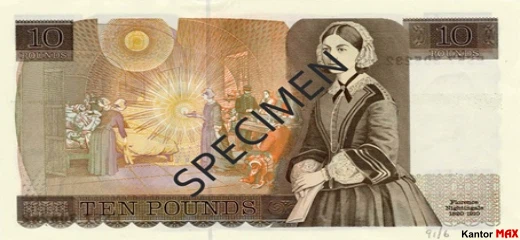 Tył wycofanego banknotu 10 funtów brytyjskich z 1975 roku - seria D