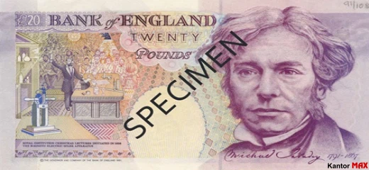 Tył wycofanego banknotu 20 funtów brytyjskich z 1991 roku - seria E