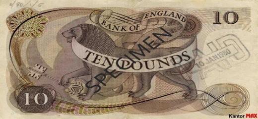Tył wycofanego banknotu 10 funtów brytyjskich z 1964 roku - seria C