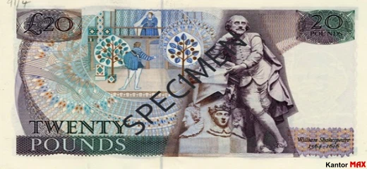 Tył wycofanego banknotu 20 funtów brytyjskich z 1970 roku - seria D