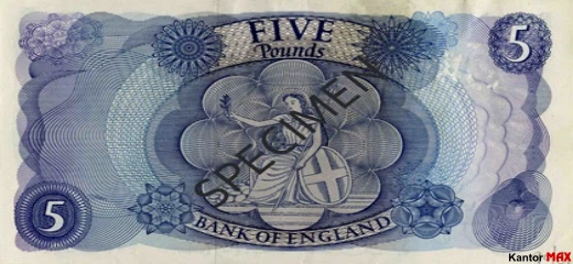 Tył wycofanego banknotu  5 funtów brytyjskich z 1963 roku - seria C