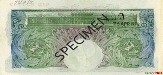 Tył wycofanego banknotu 1 funt brytyjski z 1948 roku - seria A