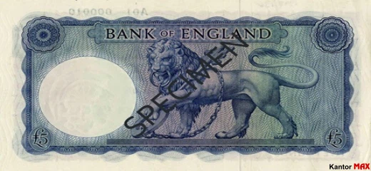 Tył wycofanego banknotu 5 funtów brytyjskich z 1957 roku - seria B