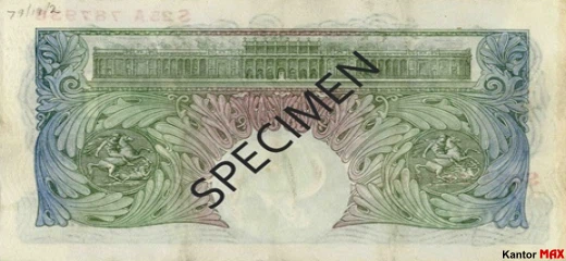 Tył wycofanego banknotu 1 funt brytyjski z 1948 roku - seria A