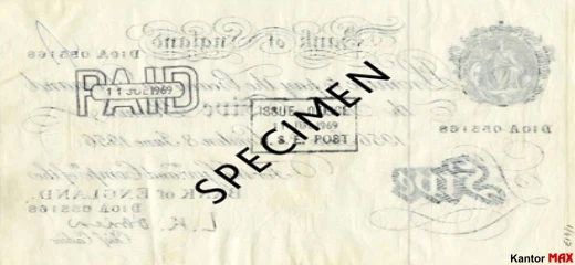 Tył wycofanego banknotu 5 funtów brytyjski z 1945 roku