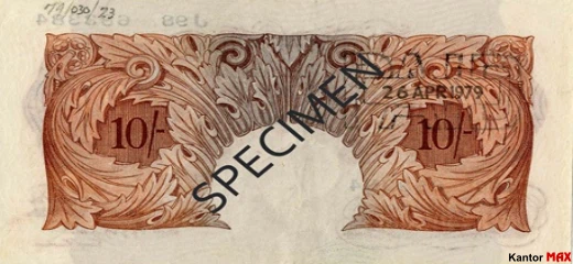 Tył wycofanego banknotu 10 szylingów brytyjski z 1948 roku - seria A