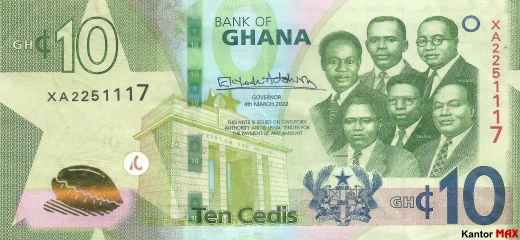 Przód banknotu 10 cedi ghańskich 2019 rok