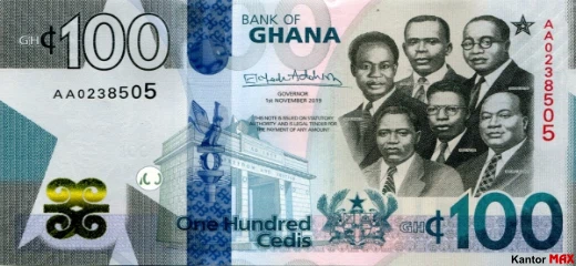 Przód banknotu 100 cedi ghańskich 2019 rok