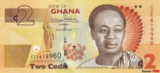 Przód banknotu 2 cedi ghańskie 2017 rok