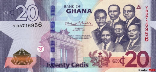 Przód banknotu 20 cedi ghańskich 2019 rok