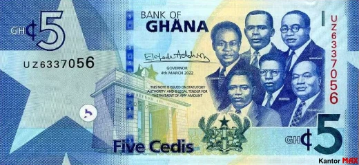 Przód banknotu 5 cedi ghańskich 2019 rok