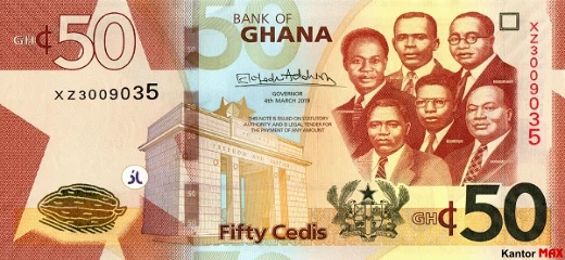 Przód banknotu 50 cedi ghańskich 2019 rok