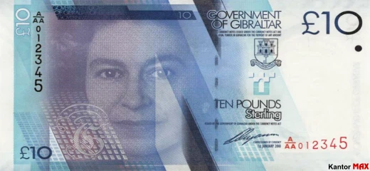 Przód banknotu 10 dolarów gibraltarskich 2011 rok