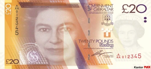 Przód banknotu 20 dolarów gibraltarskich 2011 rok