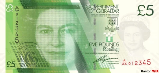 Przód banknotu 5 dolarów gibraltarskich 2011 rok
