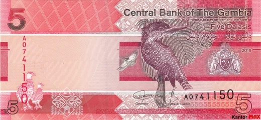 Przód banknotu 5 dalasi gambijskich 2019 rok