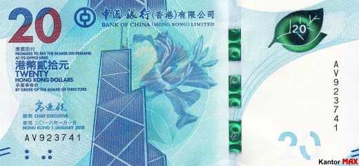 Przód banknotu 20 dolarów hongkońskich 2018-2023 rok