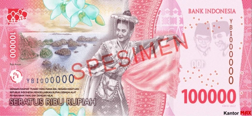 Tył banknotu 100.000 rupii indonezyjskich 2022 rok
