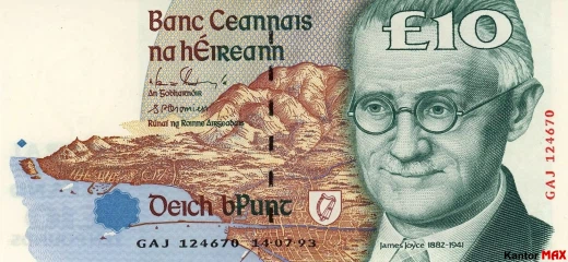 Przód wycofanego banknotu 10 funtów irlandzkich z 1993 roku