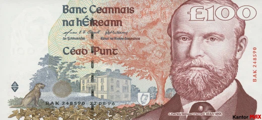 Przód wycofanego banknotu 100 funtów irlandzkich z 1996 roku