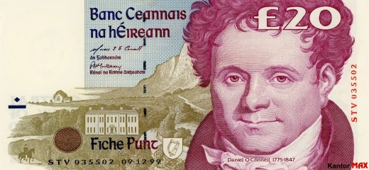 Przód wycofanego banknotu 20 funtów irlandzkich z 1994 roku