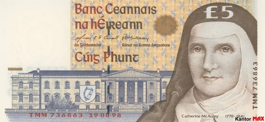 Przód wycofanego banknotu 5 funtów irlandzkich z 1994 roku