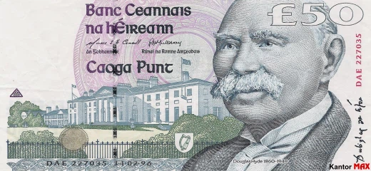 Przód wycofanego banknotu 50 funtów irlandzkich z 1995 roku