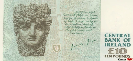 Tył wycofanego banknotu 10 funtów irlandzkich z 1993 roku