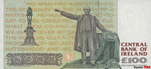 Tył wycofanego banknotu 100 funtów irlandzkich z 1996 roku