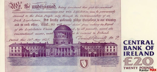 Tył wycofanego banknotu 20 funtów irlandzkich z 1994 roku