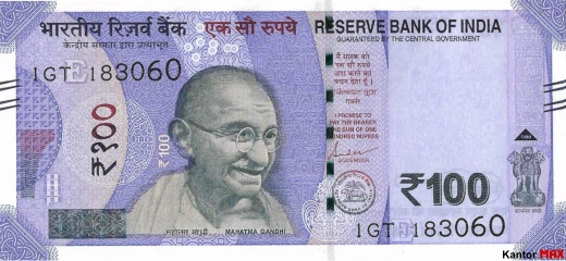 Przód banknotu 100 rupii indyjskich z 2018 r.
