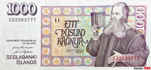 Przód banknotu 1000 koron islandzkich z 2004 r.