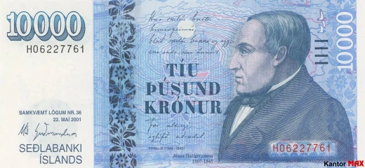 Przód banknotu 10.000 koron islandzkich z 2013 r.
