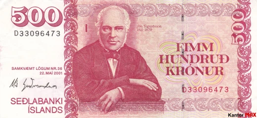 Przód banknotu 500 koron islandzkich z 2005 r.