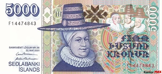 Przód banknotu 2000 koron islandzkich z 1986 r.