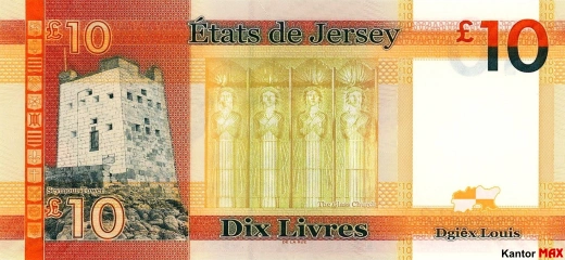 Tył banknotu 10 funtów Jersey JEP edycja 2010 rok