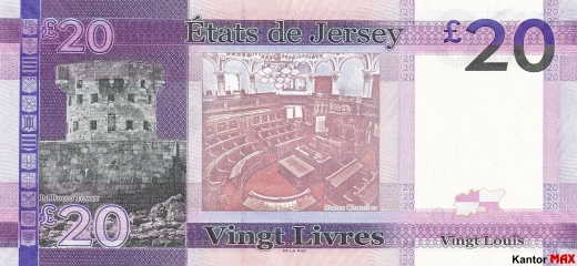 Tył banknotu 20 funtów Jersey JEP edycja 2010 rok