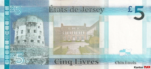 Tył banknotu 5 funtów Jersey JEP edycja 2010 rok