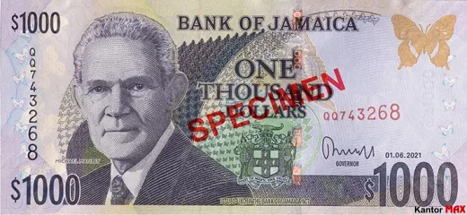 Przód banknotu 1000 dolarów jamajskich 2021 rok