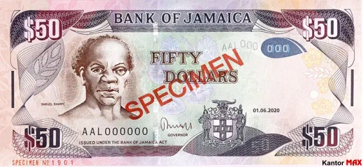 Przód banknotu 50 dolarów jamajskich 2020 rok