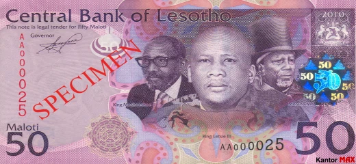 Przód banknotu 50 loti 2013 rok