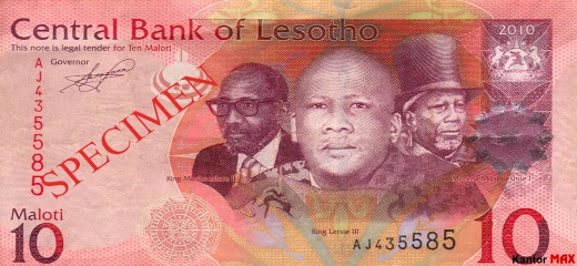 Przód banknotu 10 loti 2013 rok