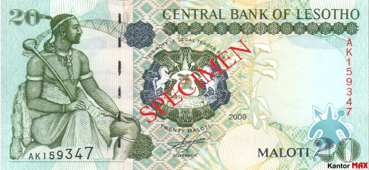 Przód banknotu 20 loti 2009 rok