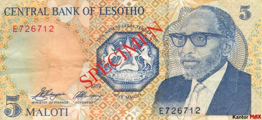 Przód banknotu 5 loti 1989 rok