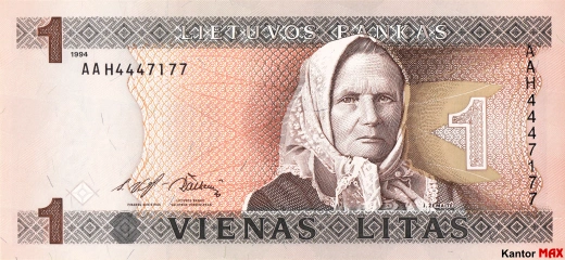 Przód wycofanego banknotu 1 lita litewskiego seria 1994 rok